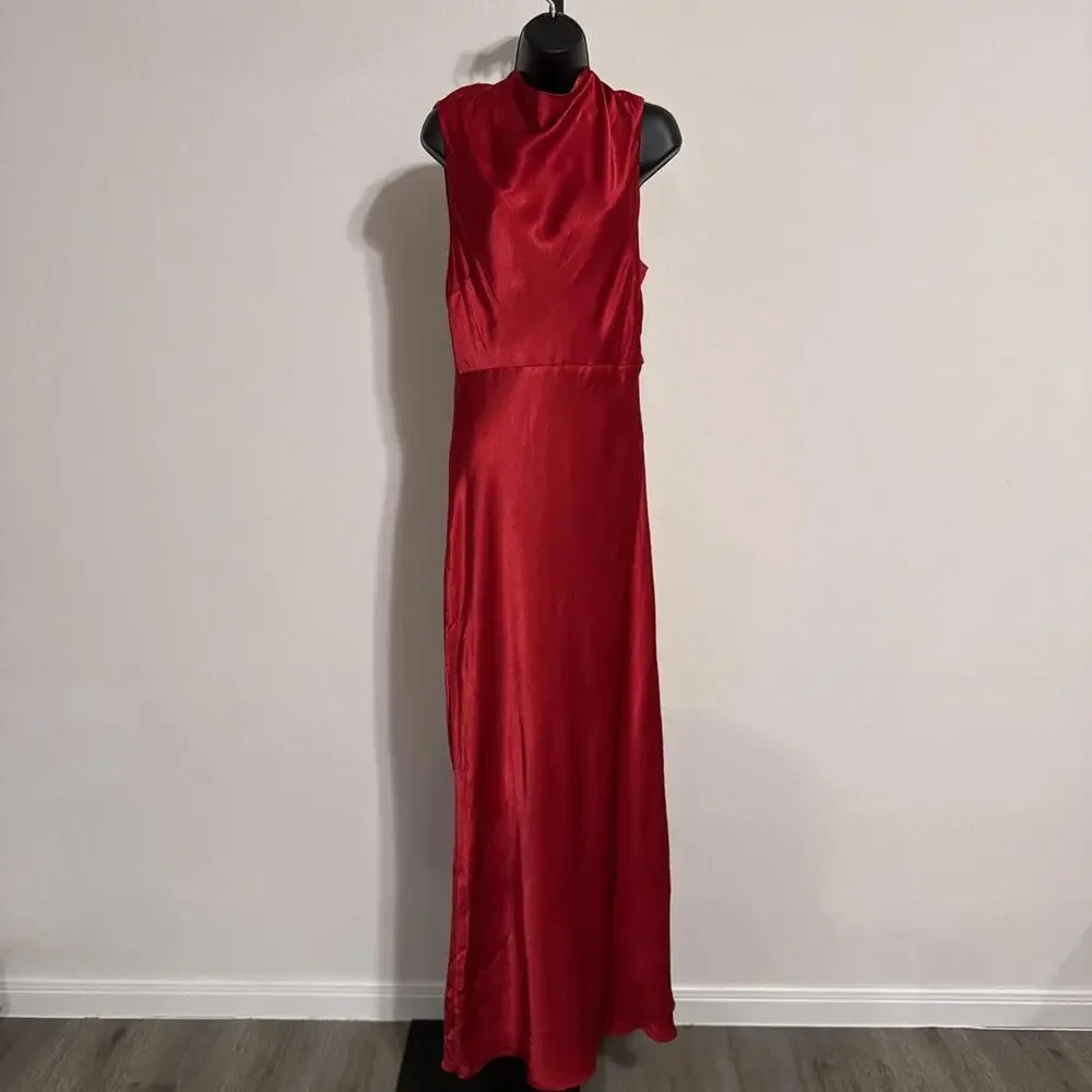 $340 Shona Joy High Neck Red Satin Tatum Cowl Drape Open Back Maxi Dress- US 12 - Picture 2 of 12